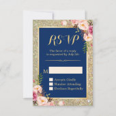 Navy Blue Pink Floral Glitter Sparking RSVP Kaartje (Voorkant)