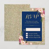 Navy Blue Pink Floral Glitter Sparking RSVP Kaartje (Voorkant / Achterkant)