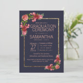 Navy Blue Pink Floral Gold Afstuderen Ceremonie Kaart (Staand voorkant)