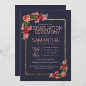 Navy Blue Pink Floral Gold Afstuderen Ceremonie Kaart (Voorkant / Achterkant)