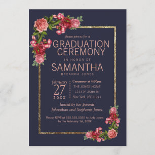 Navy Blue Pink Floral Gold Afstuderen Ceremonie Kaart