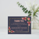Navy Blue Pink Floral Gold Bedankt Briefkaarten (Staand voorkant)