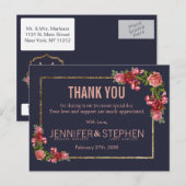 Navy Blue Pink Floral Gold Bedankt Briefkaarten (Voorkant / Achterkant)
