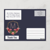 Navy Blue Pink Floral Gold Bedankt Briefkaarten (Achterkant)