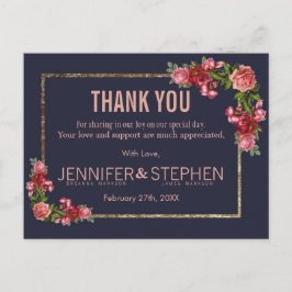 Navy Blue Pink Floral Gold Bedankt Briefkaarten