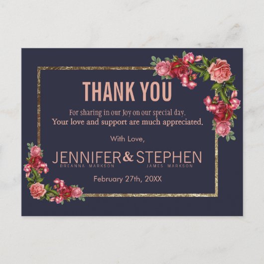 Navy Blue Pink Floral Gold Bedankt Briefkaarten (Voorkant)