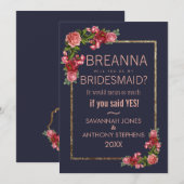 Navy Blue Pink Floral Gold Bridesmaids Kaart (Voorkant / Achterkant)