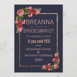 Navy Blue Pink Floral Gold Bridesmaids Kaart