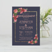 Navy Blue Pink Floral Gold Engagement Party Kaart (Staand voorkant)