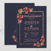 Navy Blue Pink Floral Gold Engagement Party Kaart (Voorkant / Achterkant)