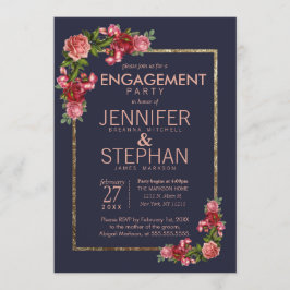 Navy Blue Pink Floral Gold Engagement Party Kaart