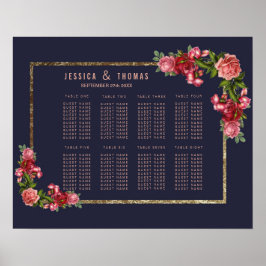 Navy Blue Pink Floral Gold Seating Chart Poster