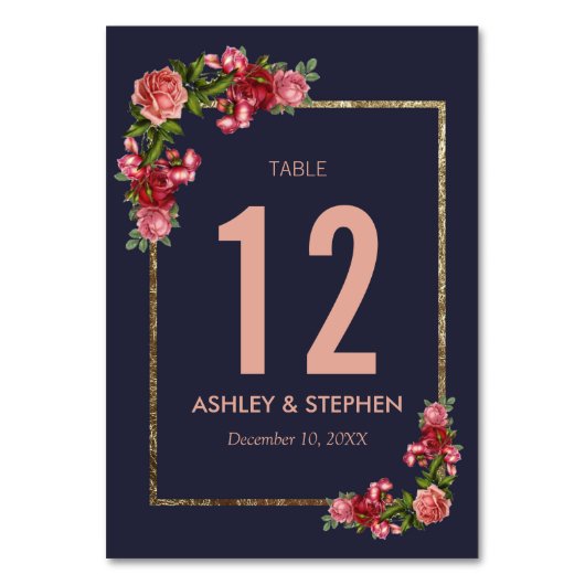Navy Blue Pink Floral Gold Table Numbers Kaart (Voorkant)