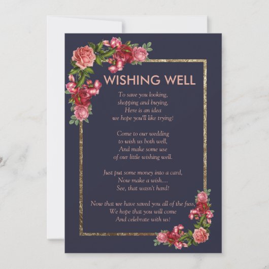 Navy Blue Pink Floral Gold Wishing well Kaart (Voorkant)