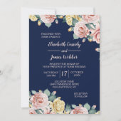 Navy Blue Pink Floral  huwelijksuitnodiging Kaart (Voorkant)