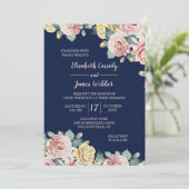 Navy Blue Pink Floral  huwelijksuitnodiging Kaart (Staand voorkant)