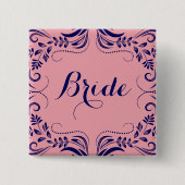 Navy Blue & Pink Floral Lijst Bride Button (Voorkant)