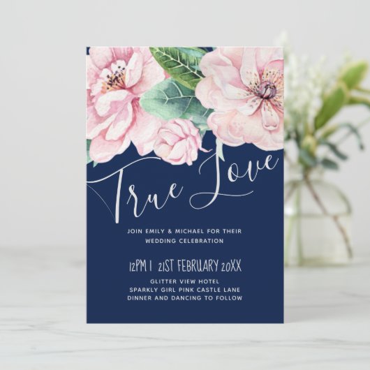 Navy Blue Pink Floral Modern Wedding Budget (Staand voorkant)
