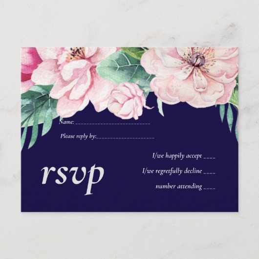 Navy Blue Pink Floral Modern Wedding Budget Uitnodiging Briefkaart (Voorkant)