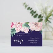 Navy Blue Pink Floral Modern Wedding Budget Uitnodiging Briefkaart (Staand voorkant)