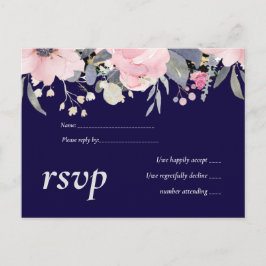 Navy Blue Pink Floral Modern Wedding Budget Uitnodiging Briefkaart