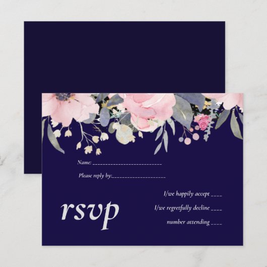 Navy Blue Pink Floral Modern Wedding Budget Uitnodiging Briefkaart (Voorkant / Achterkant)