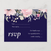 Navy Blue Pink Floral Modern Wedding Budget Uitnodiging Briefkaart (Voorkant)
