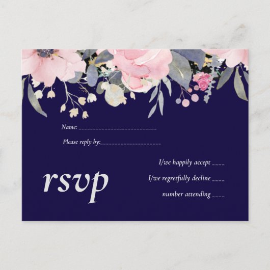 Navy Blue Pink Floral Modern Wedding Budget Uitnodiging Briefkaart (Voorkant)