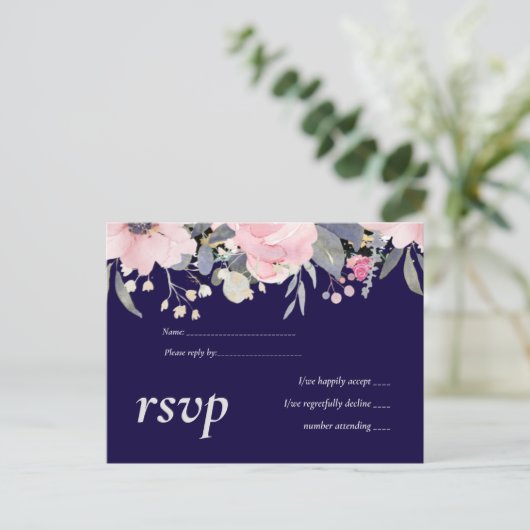 Navy Blue Pink Floral Modern Wedding Budget Uitnodiging Briefkaart (Staand voorkant)