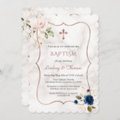 Navy Blue Pink Floral Roos Gold Twins Baptisme Kaart (Voorkant / Achterkant)