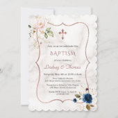 Navy Blue Pink Floral Roos Gold Twins Baptisme Kaart (Voorkant)