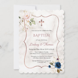 Navy Blue Pink Floral Roos Gold Twins Baptisme Kaart