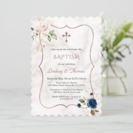 Navy Blue Pink Floral Roos Gold Twins Baptisme Kaart