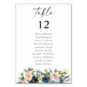 Navy Blue & Pink Floral Table Number Seating Chart Kaart
