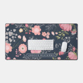 Navy Blue Pink Floral Valentijn Desk Mat met naam (Keyboard & Muis)