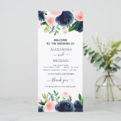 Navy Blue Pink Floral Waterverf Wedding Programme (Staand voorkant)