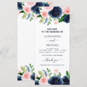 Navy Blue Pink Floral Waterverf Wedding Programme (Voorkant / Achterkant)