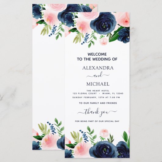 Navy Blue Pink Floral Waterverf Wedding Programme (Voorkant / Achterkant)