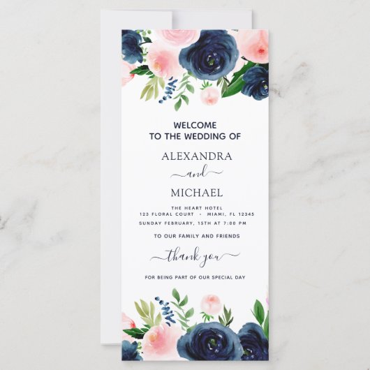 Navy Blue Pink Floral Waterverf Wedding Programme (Voorkant)