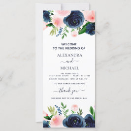 Navy Blue Pink Floral Waterverf Wedding Programme