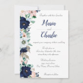 Navy Blue & Pink Floral Wedding Invitation Kaart (Voorkant)
