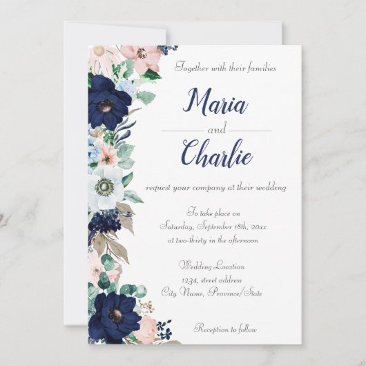 Navy Blue & Pink Floral Wedding Invitation Kaart (Voorkant)