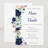 Navy Blue & Pink Floral Wedding Invitation Kaart (Voorkant / Achterkant)