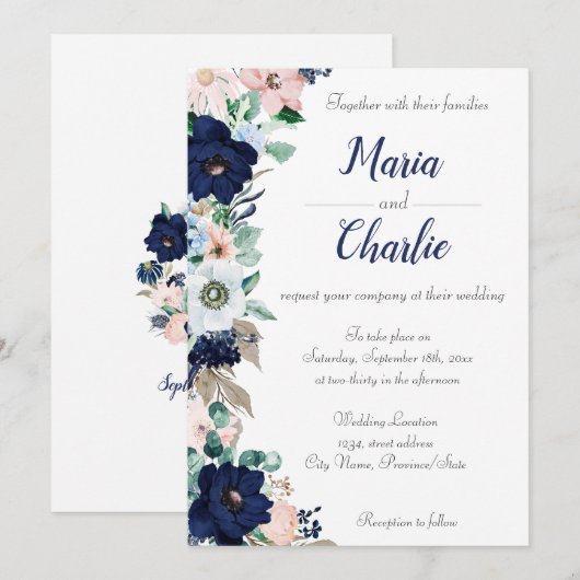 Navy Blue & Pink Floral Wedding Invitation Kaart (Voorkant / Achterkant)