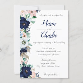 Navy Blue & Pink Floral Wedding Invitation Kaart