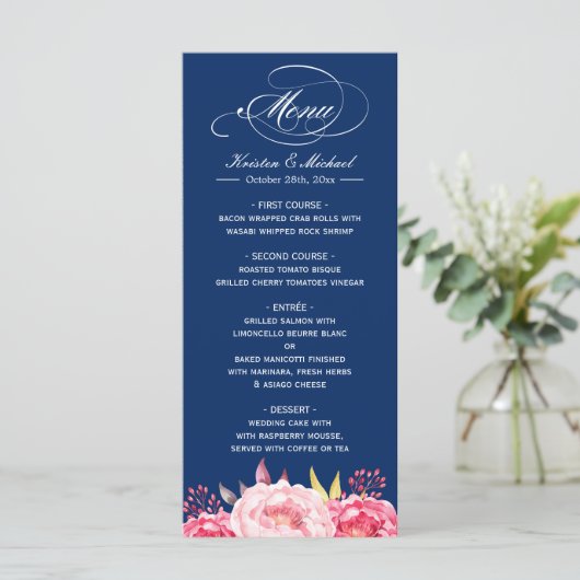 Navy Blue Pink Floral Wedding Menu Sjabloon (Staand voorkant)