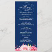 Navy Blue Pink Floral Wedding Menu Sjabloon (Voorkant)