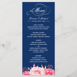 Navy Blue Pink Floral Wedding Menu Sjabloon