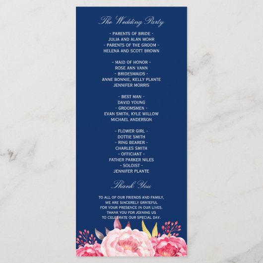 Navy Blue Pink Floral Wedding Programme Sjabloon (Achterkant)