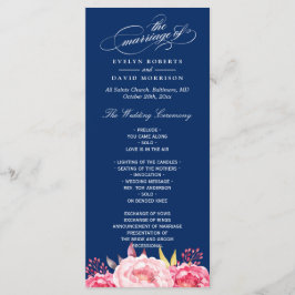 Navy Blue Pink Floral Wedding Programme Sjabloon